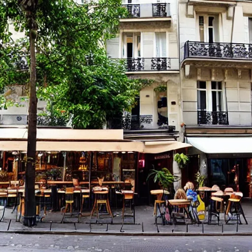 Image similar to a quiet cafe on the corner of a street in Paris in the style of The Jungle Book