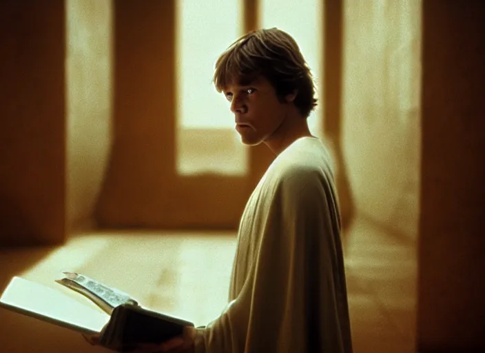Image similar to single portrait of Luke skywalker uncovering the glowing book of ancient jedi texts. a hazy ethereal ancient temple, screenshot from the 1983 film, Photographed with Leica Summilux-M 24 mm lens, ISO 100, f/8, Portra 400, kodak film, anamorphic lenses