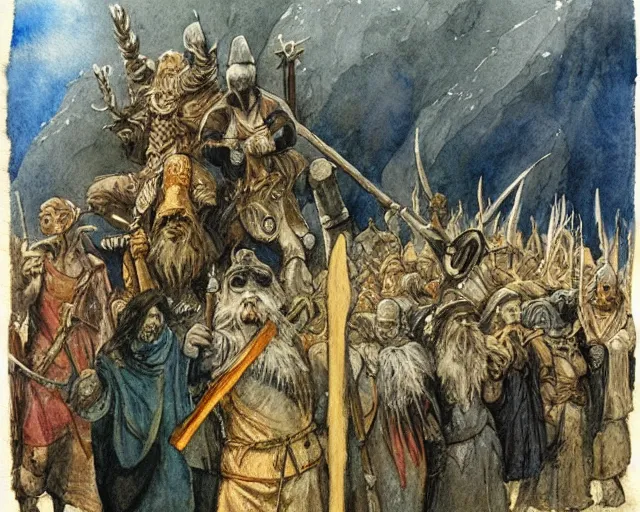 Image similar to “Culhwch and his finest warriors set off on a quest, a watercolour illustration of the Medieval Welsh Epic, The Mabinogion by Alan Lee”