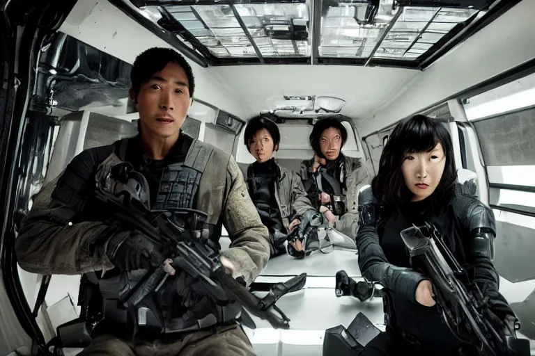 Image similar to movie diverse interracial team of Japanese sci-fi futuristic robbers armed with rifles interior clean futuristic tactical van, beautiful skin, Symmetrical faces. natural lighting by Emmanuel Lubezki