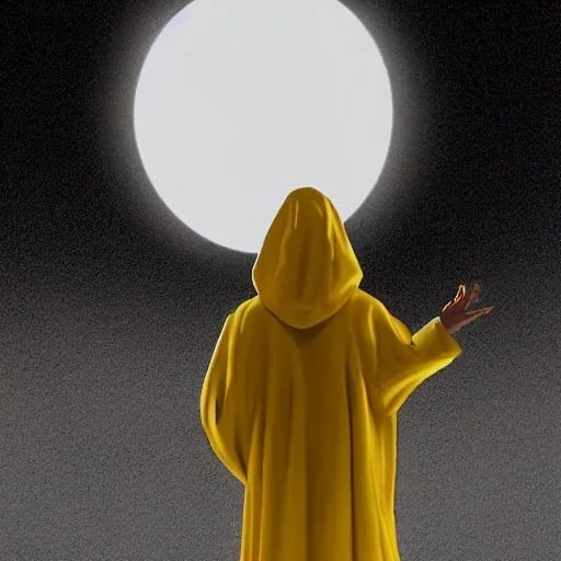 Prompt: A faceless eerie figure wearing frayed yellow hooded robes standing in front of a low solar eclipse. Detailed. Black Solar Eclipse in background. Dark Tone. Artstation. Concept art