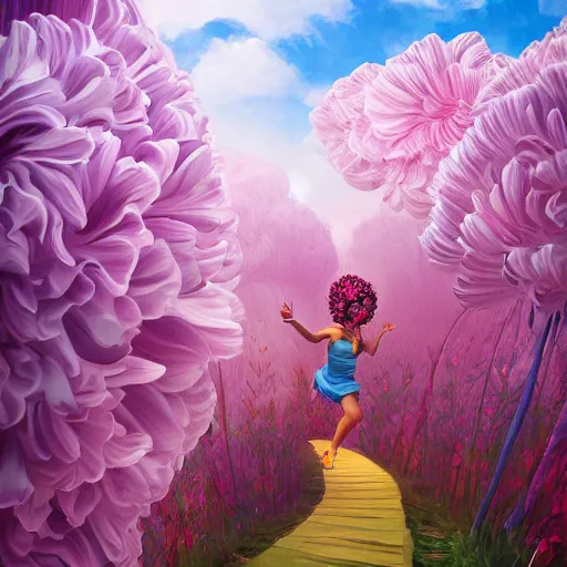 Prompt: giant carnation flower as a head, woman running between luxury apartments, surreal photography, sunlight, impressionist painting, digital painting, artstation, simon stalenhag