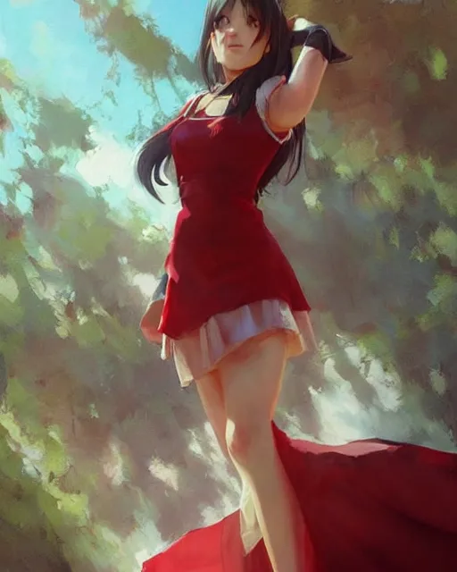 Image similar to elegant tifa lockhart in a red cottagecore dress, portrait, illustration, rim light, top light, summer clear blue sky, perfectly shaded, soft painting, art by krenz cushart and wenjun lin