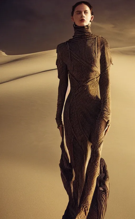 Image similar to Fashion photography of a woman wearing an outfit inspired by Dune (2021), artistic photography, cinematic lighting, insanely detailed, cinestill 800t, Vogue magazine