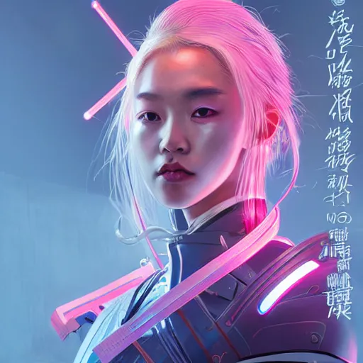 Image similar to portrait futuristic Samurai Girl, in future cyberpunk tokyo rooftop , ssci-fi, fantasy, intricate, very very beautiful, elegant, human anatomy, neon light, highly detailed, digital painting, artstation, concept art, smooth, sharp focus, illustration, art by tian zi and WLOP and alphonse mucha