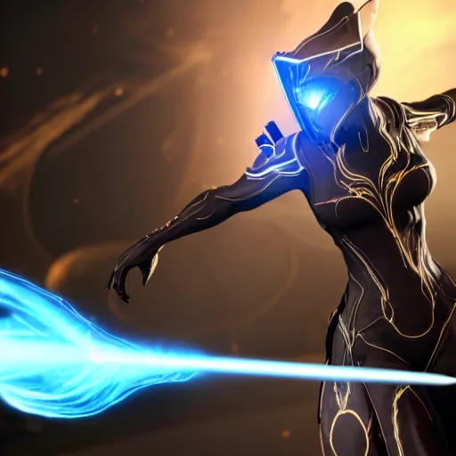 Image similar to photograph of (female) wisp!!!!!!!! warframe holding a katana!!!!!!!, 8k resolution, high detail, ULTRA REALISTIC VFX, reflections