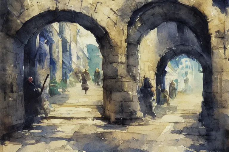 Prompt: small centered on watercolor paper, paint brush strokes, abstract watercolor painting of medieval city wall entrance, rough rock, heavy port, cinematic light, national romanticism by hans dahl, by jesper ejsing, by anders zorn, by greg rutkowski, by greg manchess, by tyler edlin