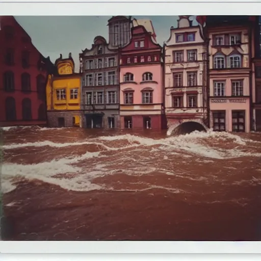 Prompt: Wrocław during 1997 red wine flood, award winning Polaroid color photo