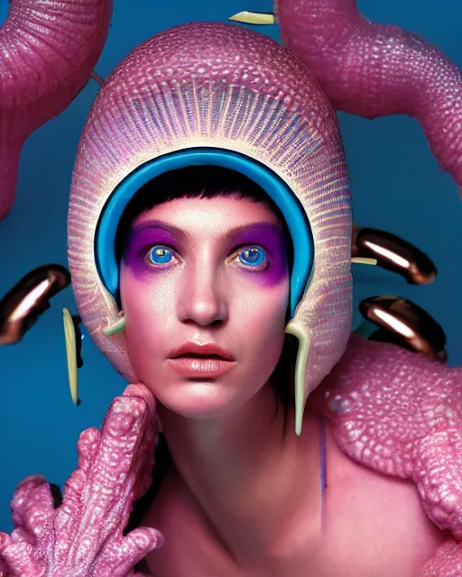 Image similar to natural light, soft focus portrait of a cyberpunk anthropomorphic snail with soft synthetic pink skin, blue bioluminescent plastics, smooth shiny metal, elaborate ornate head piece, piercings, skin textures, by annie leibovitz, paul lehr