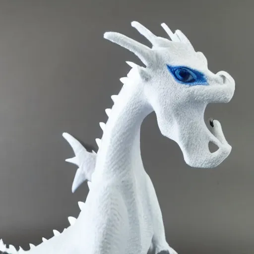 Image similar to white dragon with a blue neck mane, 2 grey horns from a 3/4ths angle