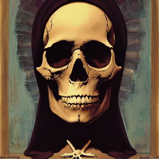 Image similar to painting of the virgin mary skull face by greg rutkowski and warhol and banksy and jc leyendecker