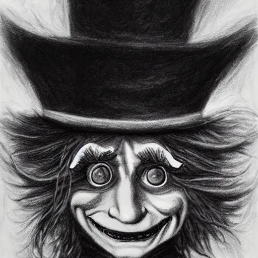 Image similar to horrifying charcoal drawing of the mad-hatter-willie-wonka-babadook