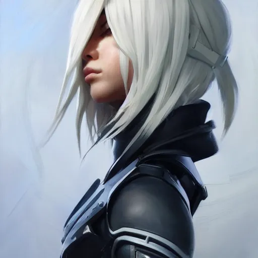 Image similar to greg manchess portrait painting of a 2 yorha type a no. 2 as overwatch character, white long hair, medium shot, asymmetrical, profile picture, organic painting, sunny day, matte painting, bold shapes, hard edges, street art, trending on artstation, by huang guangjian and gil elvgren and sachin teng