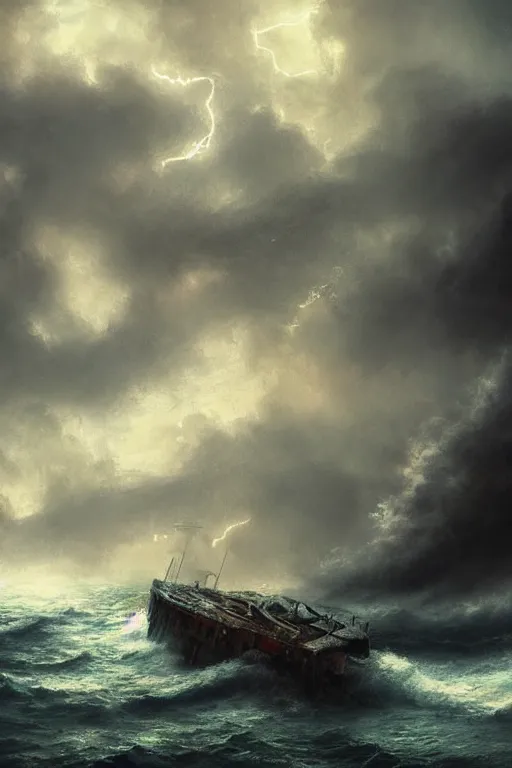 Prompt: 'ship wreck in the stormy sea, breathtaking scenery, complex artwork, CGSociety, modern lightning, vibrant and dark, flickr, Storybook illustration'