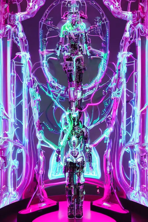 Prompt: full-body baroque and bladerunner style pink neon statue of a beautiful pale mech robot goddess humanoid dancing sim roupa, glowing white face, street hoody of red steampunk lasers, emeralds, swirling silver silk fabric. futuristic elements. prismatic liquid rainbow light, full-length view. space robots. human skulls. throne made of bones, intricate artwork by caravaggio. Trending on artstation, octane render, cinematic lighting from the right, hyper realism, octane render, 8k, depth of field, 3D