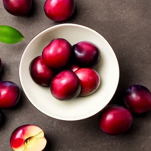 Image similar to photo of a thick porcelain bowl filled with a few moist freshly picked plums on a wooden table. volumetric lighting. 4 k. small scale. realistic. top down.