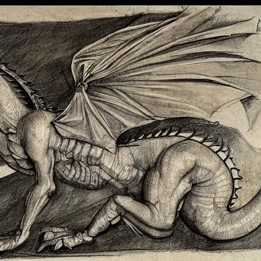 Prompt: extremely detailed anatomy sketch of a dragon by leonardo da vinci, aged parchment