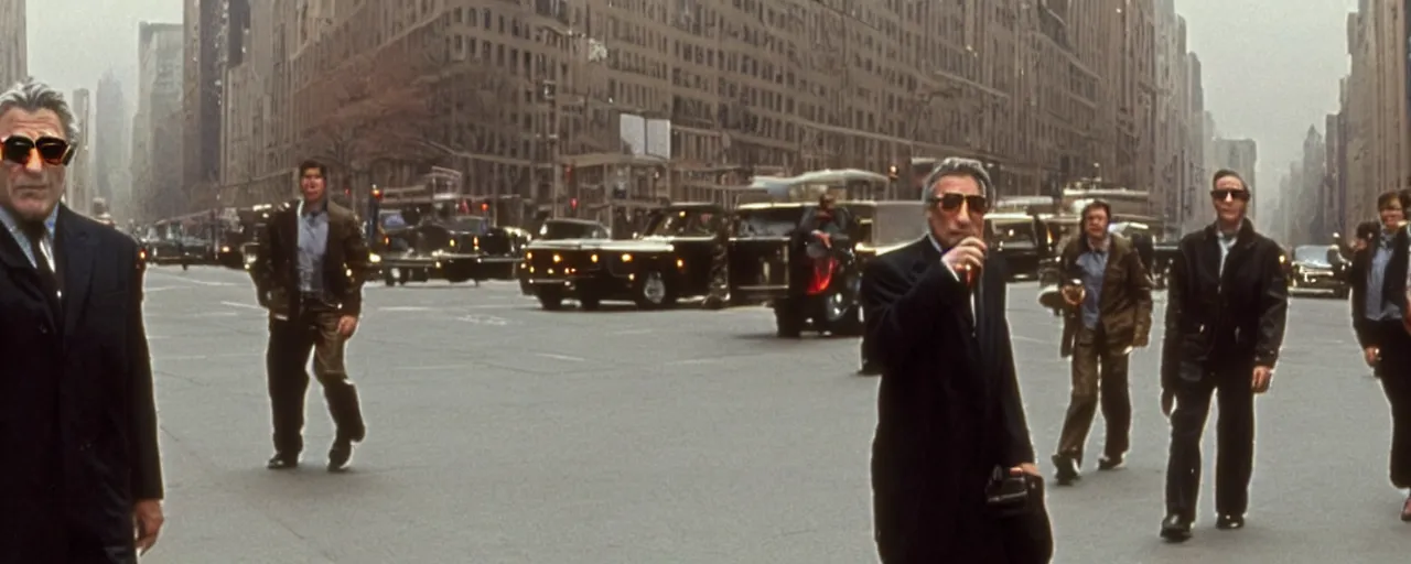 Prompt: a film still of an enormous robotic Robert de Niro strolling down fifth Avenue high quality .