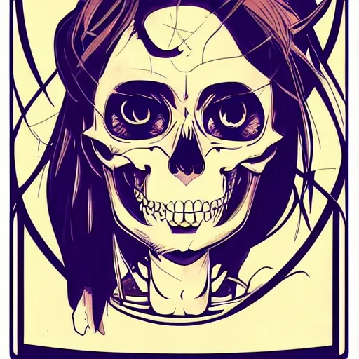 Image similar to anime manga skull portrait girl female skeleton astronaut illustration 80s art frank miller dirko and alphonse mucha pop art nouveau