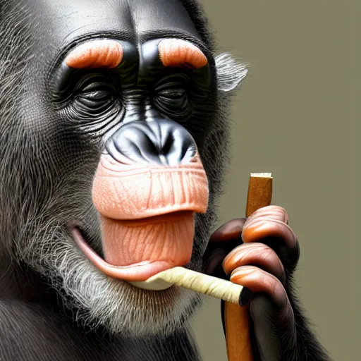 Image similar to a high detail closeup shot of a chimp wearing a suit 👔,and smoking a cigarrette🚬, cgcosiety, artstation, unreal engine, realism