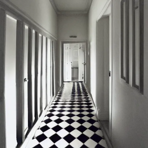 Image similar to very long hallway in a house, very creepy, dim lights, door at the end