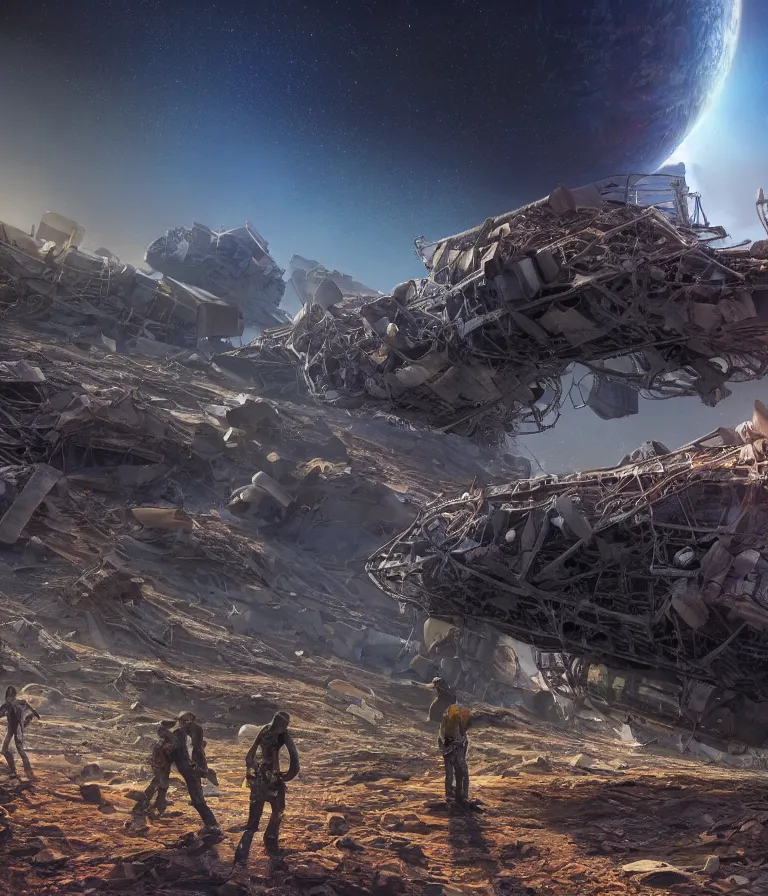 Image similar to a beautiful hyper realistic 3d render of a crashed cargo ship site being searched by intergalactic walkers on a magnificent planet, otherworldly, by Ian Gurmukh Bhasin, Michael Whelan, Paul Lehr, unreal engine, octane render, brilliantly colored, ultra wide angle, trending on artstation, HDR, polished, ray tracing, 8k