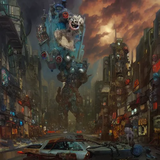 Image similar to crazy monsters, furry creatures, monster emotional monsters and creatures in the cyberpunk wrecked city, wrestling each other in the style of Johfra and Shaun Tan, By Ruan Jia and Artgerm and Range Murata and WLOP and Ross Tran and William-Adolphe Bouguereau and Beeple, Fantasy Illustration. octane render, award winning, Artstation, intricate details, realistic, Hyperdetailed, 8k resolution, deep rich colors.