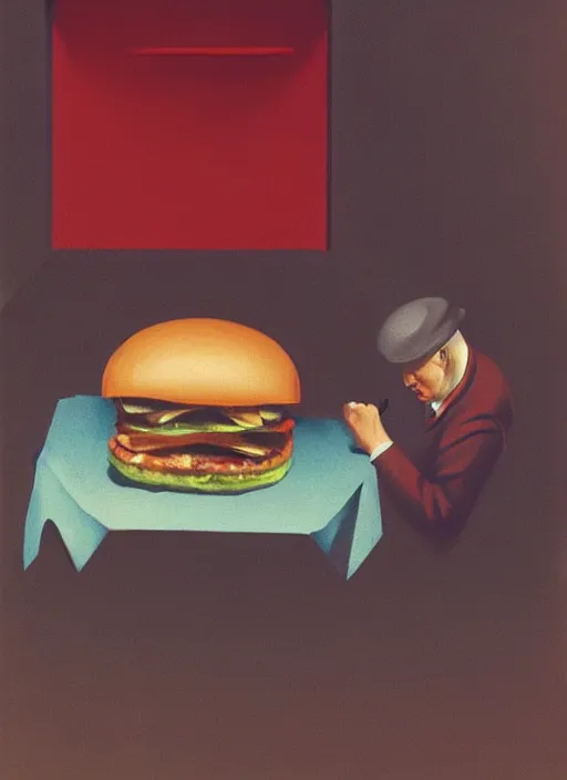 Image similar to hungry hamburger eating a man with a paper bag over his head Edward Hopper and James Gilleard, Zdzislaw Beksinski highly detailed