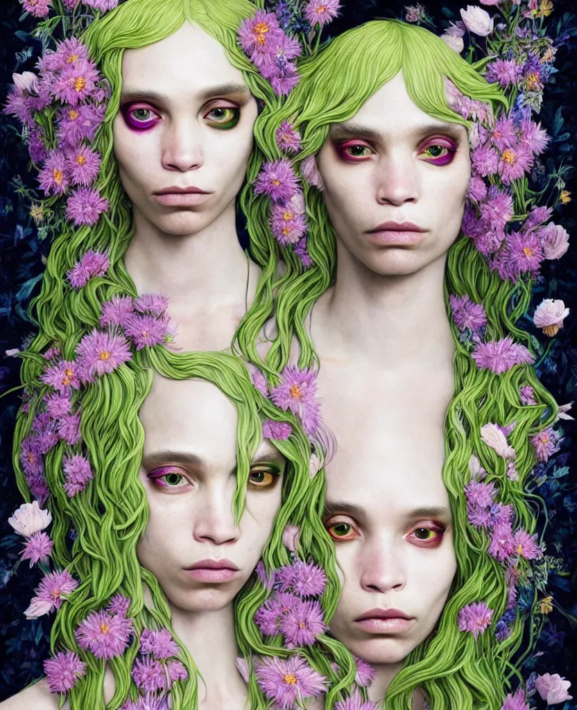 Image similar to 1 figure!!!!!!, the non-binary deity of Spring, resembling a mix of Grimes, Aurora Aksnes, and Zoë Kravitz, in a style blend of Botticelli, Möbius and Æon Flux, the figure is made out of spring flora and fauna, surrealism, stunningly detailed artwork, hyper photorealistic 4K, stunning gradient colors, very fine inking lines