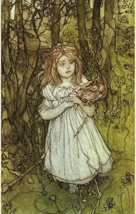 Image similar to little girl in the fairy woods by carl larsson, arthur rackham