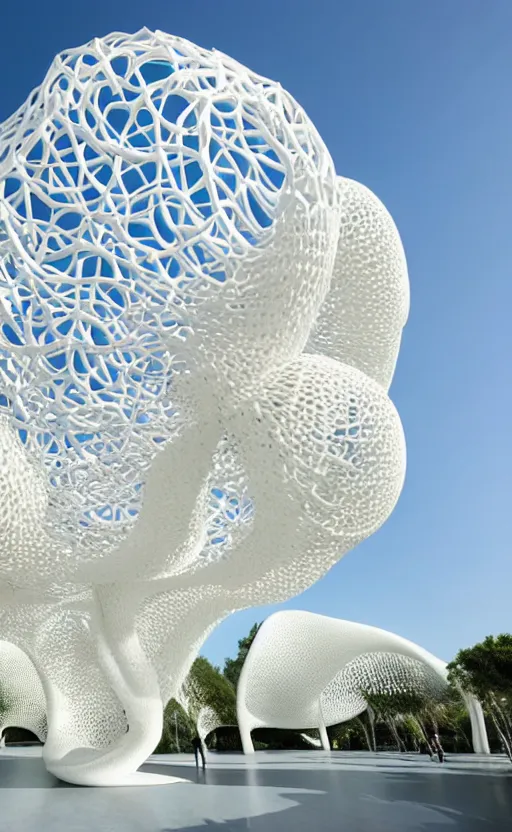 Image similar to elegant white art 3 d printed parametric installation with playful surreal tall lemon groves, beautiful sunny day, fluidity, vincent callebaut, mamou - mani, innovative voronoi pavilion with huge white magnolias above