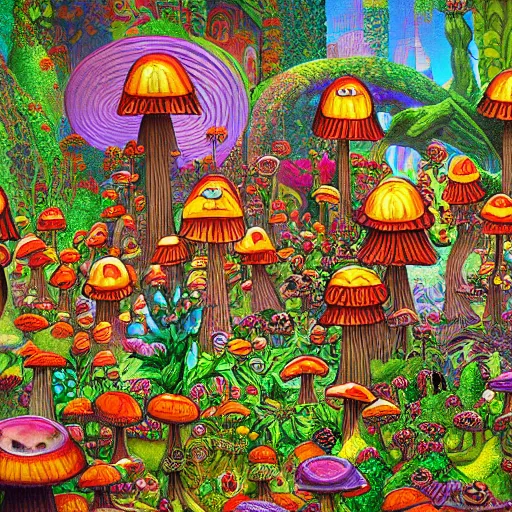 Prompt: city made of mushrooms and plant fauna, vivid color, 1 9 2 0 ’ s colored pencil, highly detailed, highly accurate, abstract art, deep aesthetic, 8 k, highly ornate intricate details, cinematic lighting, rich colors, ray tracing, hyperrealistic, photorealistic, cinematic landscape, trending on artstation,