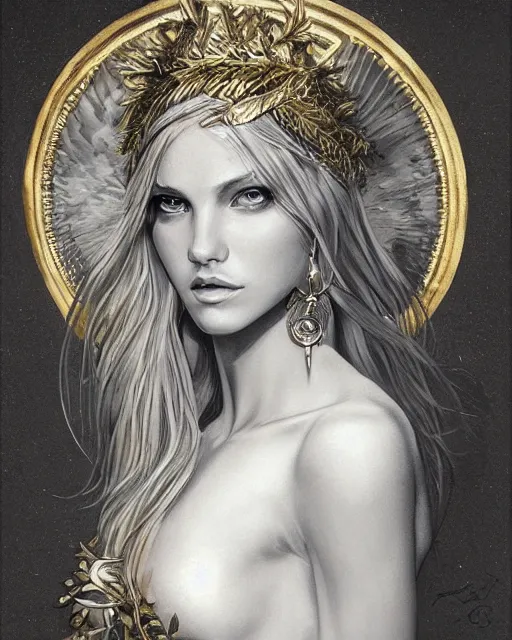 Image similar to tattoo sketch of hot blonde super model as aphrodite greek goddess wearing a gold laurel wreath and triangle earrings, beautiful piercing gaze with sharp pupils, in the style of greg rutkowski, fantasy, amazing detail, epic, elegant, smooth, sharp focus, front view