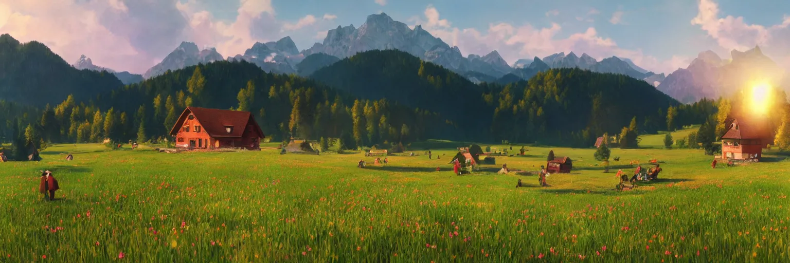 Prompt: a ultra photorealistic and sharp film still of an a sunny and colourful open field in 1 9 0 0 in the middle of the bavarian alps, germany. a a mountain cabin in the background. wide shot, wes anderson, studio ghibli, pixar and disney animation, octane render, anime key art by greg rutkowski, dramatic lighting, award winning photography