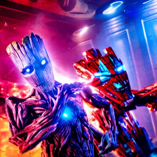 Image similar to groot and optimus prime dancing at techno party among people, wide shoot, after effect ultra realistic 3 d