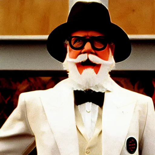 Image similar to A movie still of Colonel Sanders as a 1980s supervillian