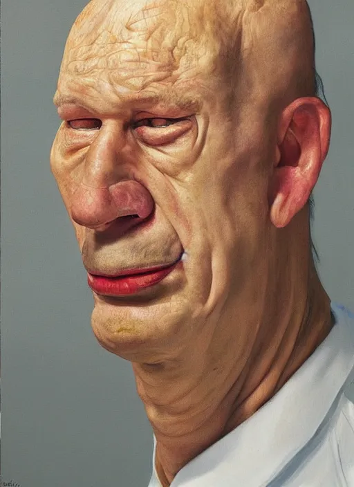 Image similar to Real life Homer Simpson, deceased, painted by Lucian Freud, highly detailed, 8k