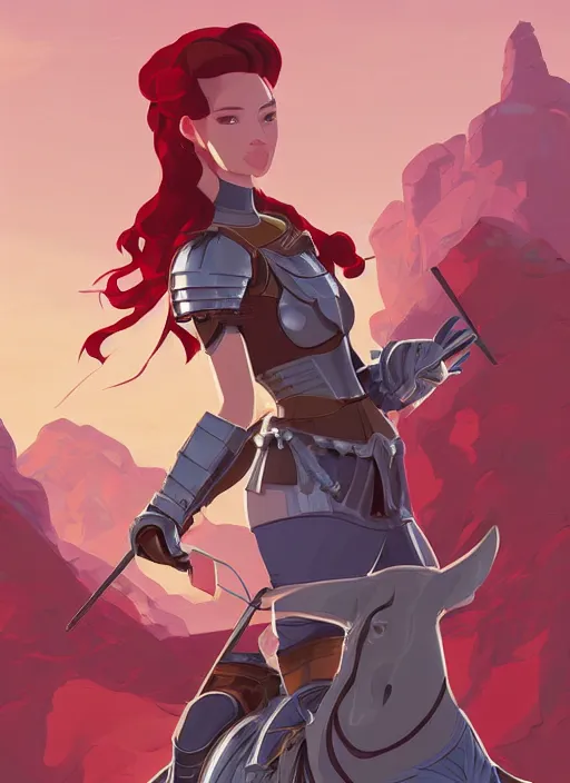 Image similar to a young woman in full plate armor with beautiful hair and red lips on a horse. she is a knight. clean cel shaded vector art. shutterstock. behance hd by lois van baarle, artgerm, helen huang, by makoto shinkai and ilya kuvshinov, rossdraws, illustration, art by ilya kuvshinov