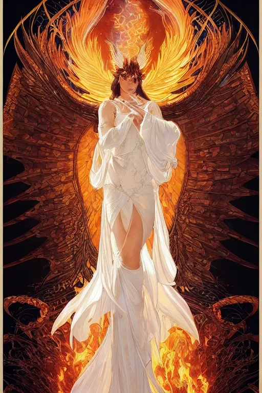 Prompt: phoenix bahamut in white dresses of fireflies and flameches, flames intricate stainglass background, elegant, highly detailed, digital painting, artstation, concept art, matte, sharp focus, illustration, intricate art nouveau frame, art by Artgerm and Greg Rutkowski and Alphonse Mucha