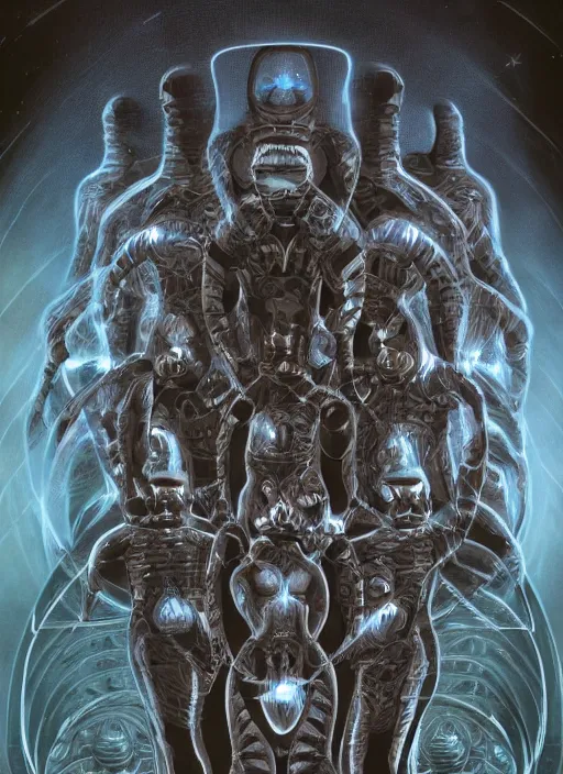 Image similar to symmetrical astronauts in dark and empty void underwater - complex and hyperdetailed technical suit. reflection and dispersion materials. rays and dispersion of light. volumetric light. 5 0 mm, f / 3 2. noise film photo. flash photography. ultra realistic, wide angle. poster by wayne barlowe, hajime sorayama aaron horkey, craig mullins