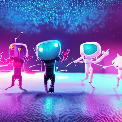 Image similar to promotional movie still wide - angle 3 0 m distance. nanorobots ( ( cat ) ) 1 million into the future ( 1 0 0 2 0 2 2 ad ). super cute and super deadly. nanorobots like disco music and dance - offs. cinematic lighting, dramatic lighting. octane 3 d, style saturday night fever