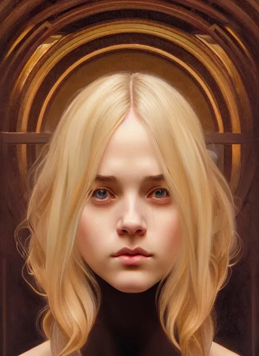 Image similar to symmetrical face!! portrait of young woman blessed with ever - increasing physical and mental perfection, realism, blonde hair, perfect face!! intricate, elegant, highly detailed, vision of holy perfection!! digital painting, artstation, concept art, smooth, sharp focus, illustration, humanity, art by artgerm and greg rutkowski and alphonse mucha