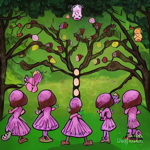 Prompt: the hive mind princess leads her minions to the fruit trees, digital art