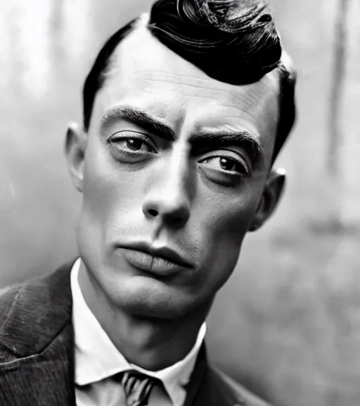 Image similar to a man who is a genetic combination of buster keaton and james dean, face and shoulders focus