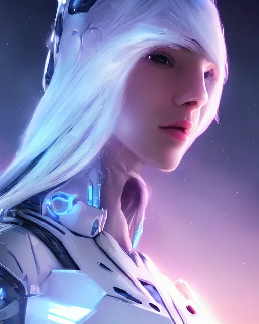 Image similar to perfect android girl on a mothership, warframe armor, beautiful face, scifi, futuristic, galaxy, nebula, raytracing, dreamy, long white hair, blue cyborg eyes, sharp focus, cinematic lighting, highly detailed, artstation, divine, by gauthier leblanc, kazuya takahashi, huifeng huang