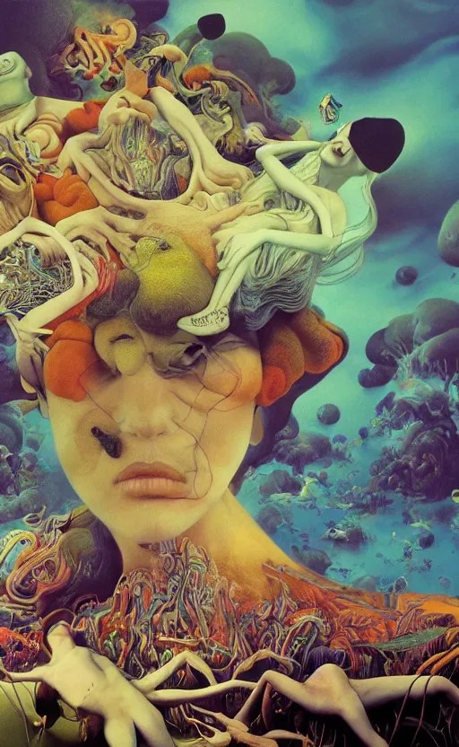 Image similar to ultrawide angle colour masterpiece surreal closeup portrait photography of the beatles playing on stage by miho hirano and annie leibovitz and michael cheval, weird surreal epic psychedelic complex biomorphic 3 d fractal landscape in background by kilian eng and roger dean and salvador dali and beksinski, 8 k