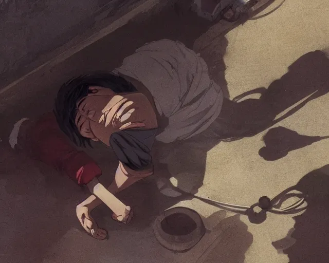 Prompt: a 50 year old brunnete chinese man lying on the floor and crying, horror scene, dramatic, shot from the top, anime art, Greg Rutkowski, studio ghibli, dramatic lighting