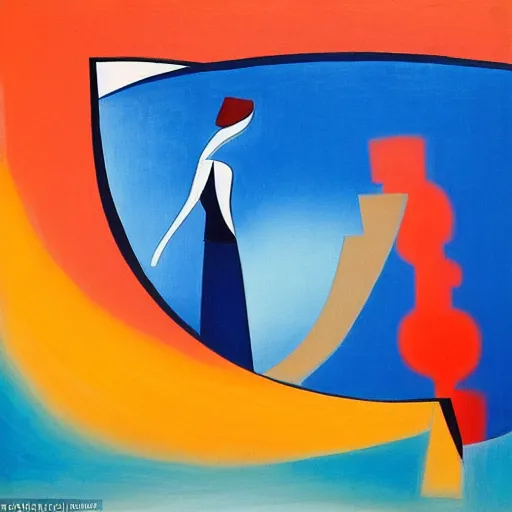 Image similar to tall elegant Woman dances by the ocean while the big waves approach and recede in rhythm, abstract art in the style of Cubism and Georgia o keefe,