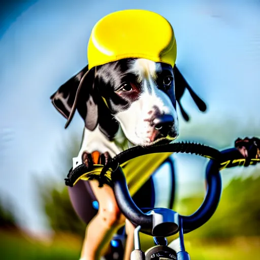 Image similar to a dog with a yellow hat riding a bike