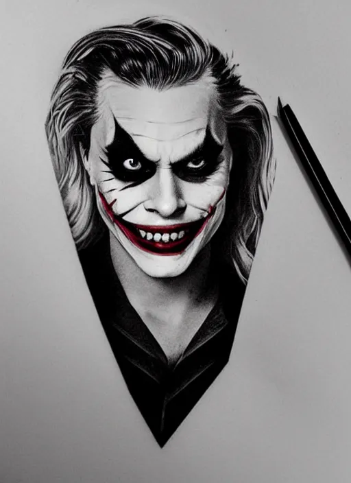 Image similar to tattoo design of beautiful margot robbie slightly smiling with joker makeup on the mouth and holding ace card, in the style of den yakovlev, realistic face, black and white, realism tattoo, hyper realistic, highly detailed